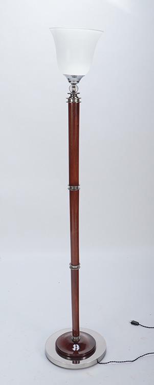A French Art deco floor lamp in mahogany and chrome with glass ball and shade. French polished. Ht: (1 of 6)