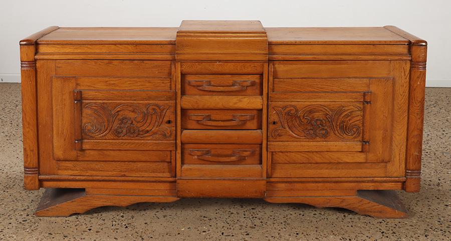 A French Art deco oak sideboard C 1940 having three central drawers. Ht: 37" Wd: 74.5" Dpth: 21" (1 of 9)