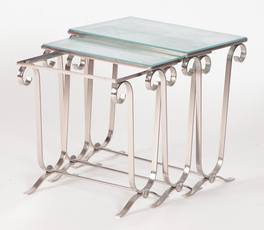 Nest of three French nickeled iron glass top tables in scroll form C 1935. Ht: 20.25" Wd: 20.75": Nest of three French nickeled iron glass top tables in scroll form C 1935. Ht: 20.25" Wd: 20.75" Dpth: 14"