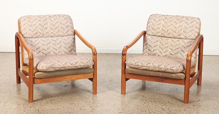 Pair mahogany open arm chairs  with round stock C 1965. Ht: 30" Wd: 26.75" Dpth: 31.5" Seat: 16.5" (1 of 8)