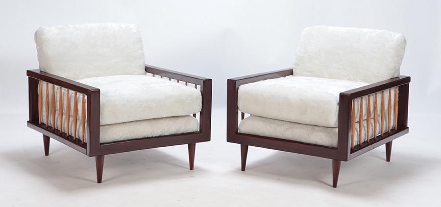 Pair of two tone armchairs in the manner of Paolo Buffa with oak spindles and faux fur fabric. Ht: (1 of 9)