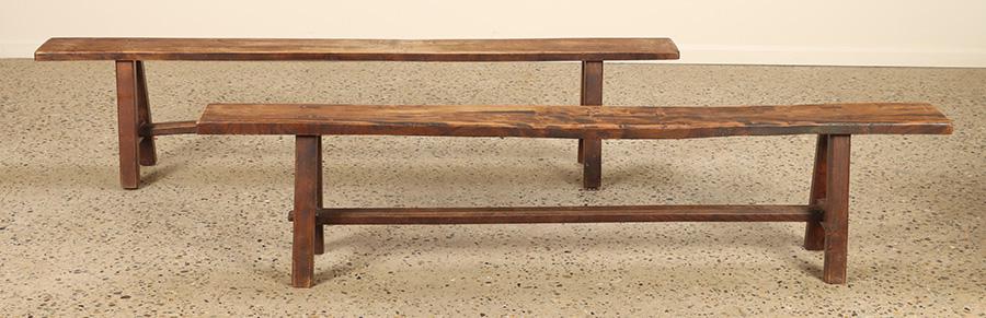 Pair French elm benches with mortis and tennon construction C 1960. Ht: 19" Wd: 81.5" Dpth: 7.5" (1 of 6)