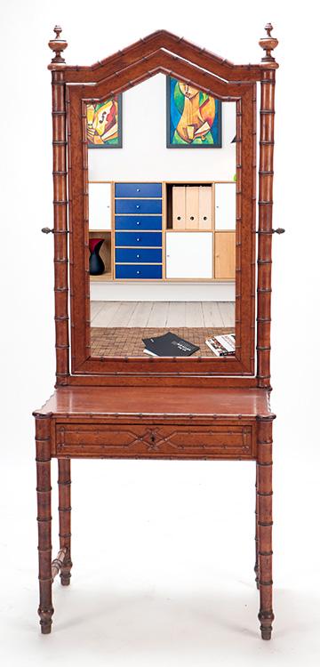 French faux bamboo and birdseye maple console or vanity with mirror C 1900. Ht: 77.5" Wd: 30.5" (1 of 7)