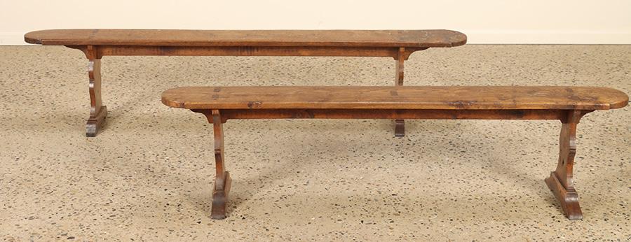 Pair French elm nineteenth century benches. Ht: 17.5" Wd: 80.5" Dpth: 8.5": Pair French elm nineteenth century benches. Ht: 17.5" Wd: 80.5" Dpth: 8.5"