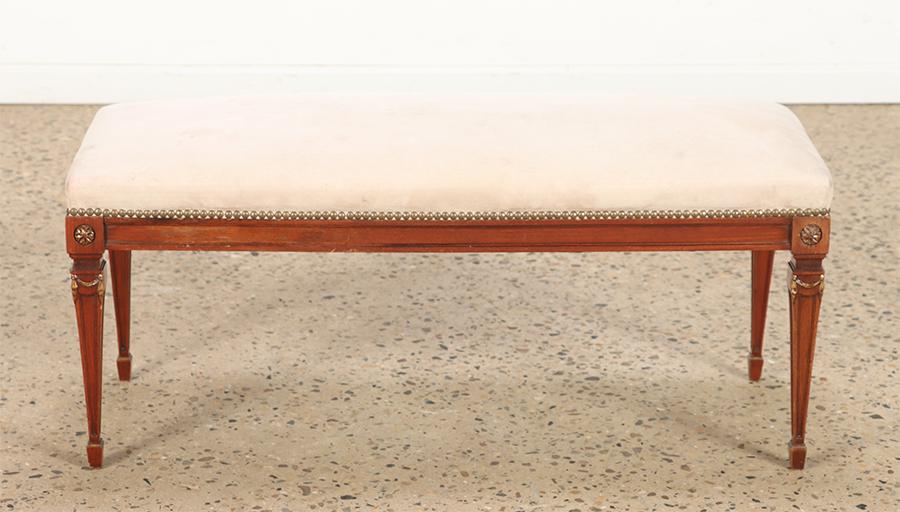 Gilt carved mahogany Louis XIV style upholstered bench C 1945. Ht: 17.5" Wd: 40" Dpth: 16.5": Gilt carved mahogany Louis XIV style upholstered bench C 1945. Ht: 17.5" Wd: 40" Dpth: 16.5"