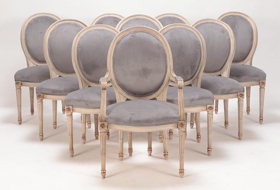 TEN LOUIS XVI STYLE PAINTED AND GILT DINING ROOM CHAIRS WITH NEW FABRIC C 1950 (1 of 9)