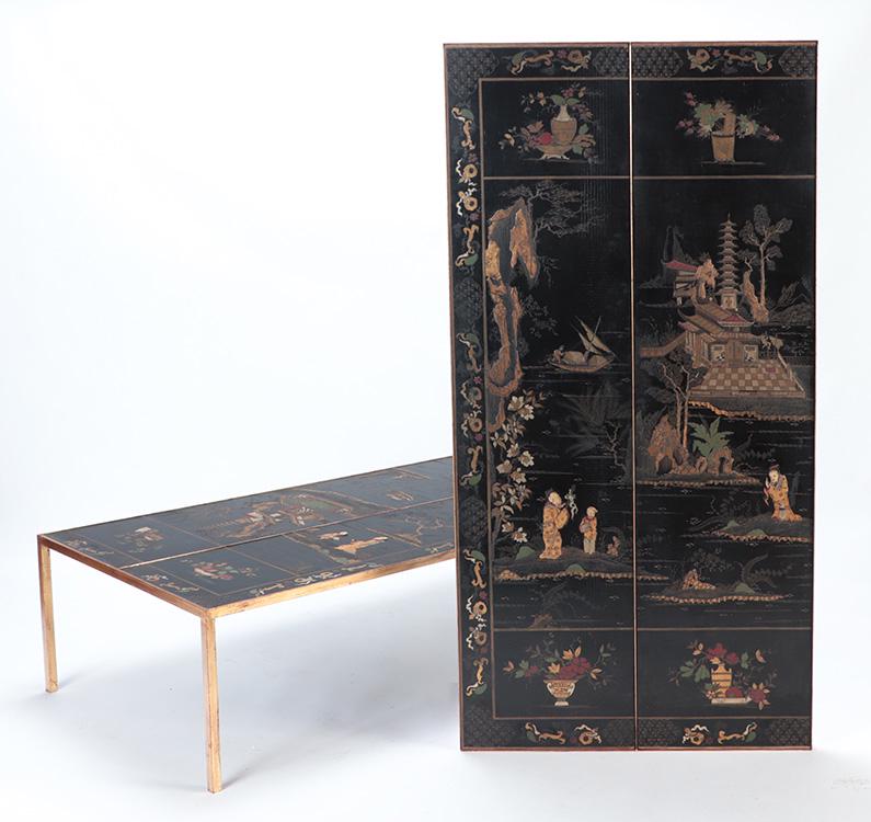 TWO PART ASIAN STYLE COFFEE TABLE HAVING A GILT IRON BASE AND LACQUERED WOOD TOP C 1940. BASE: Two part Asian style coffee table having a gilt iron base and lacquered wood top C 1940. Base later. Ht: 18" Wd: 17.25" Dpth: 35.5"