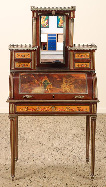 FRENCH MAHOGANY VERNIS MARTIN CYLINDER DESK HAVING PAINT DECORATION AND BRONZE TRIM THROUGHO C 1910. (1 of 17)