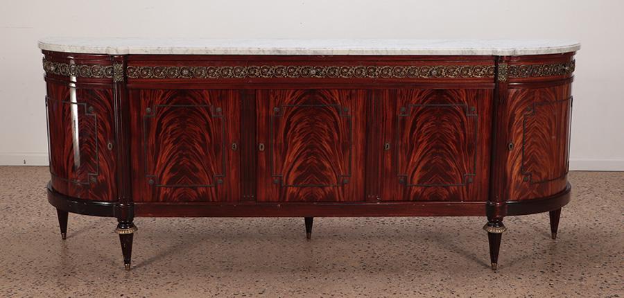FRENCH CROTCH MAHOGANY BRONZE MOUNTED MARBLE TOP SIDEBOARD IN THE LOUIS XVI STYLE C 1950. (1 of 8)