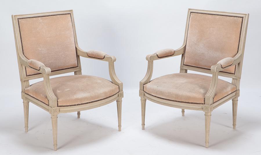 OVERSIZED PAIR OF FRENCH PAINTED LOUIS XVI STYLE OPEN ARM CHAIRS C 1940. (1 of 10)