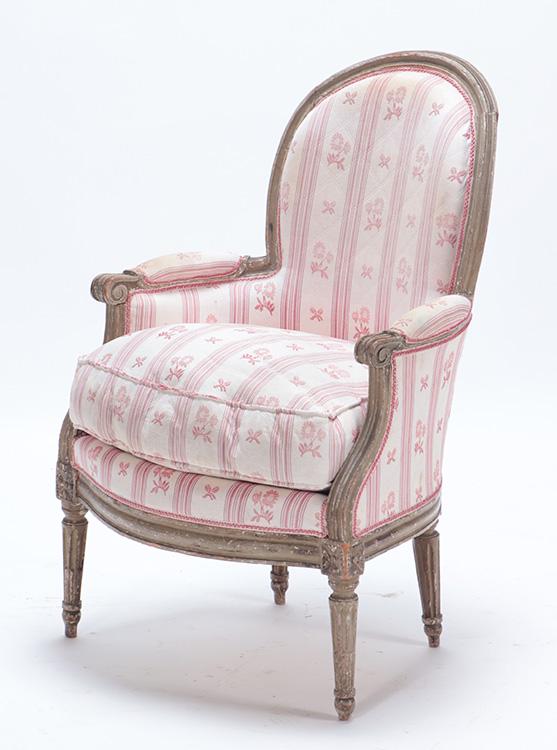 FRENCH LOUIS XV PAINTED AND UPHOLSTERED BERGERE CHAIR C 1800. (1 of 4)