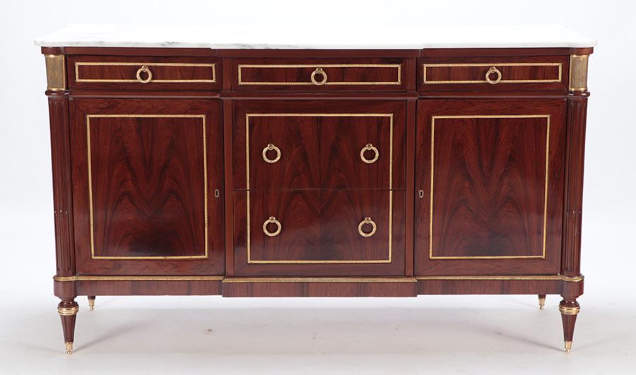 MAHOGANY BRONZE MOUNTED LOUIS XVI STYLE MARBLE TOP DRESSER OR SIDEBOARD HAVING BRONZE (1 of 8)