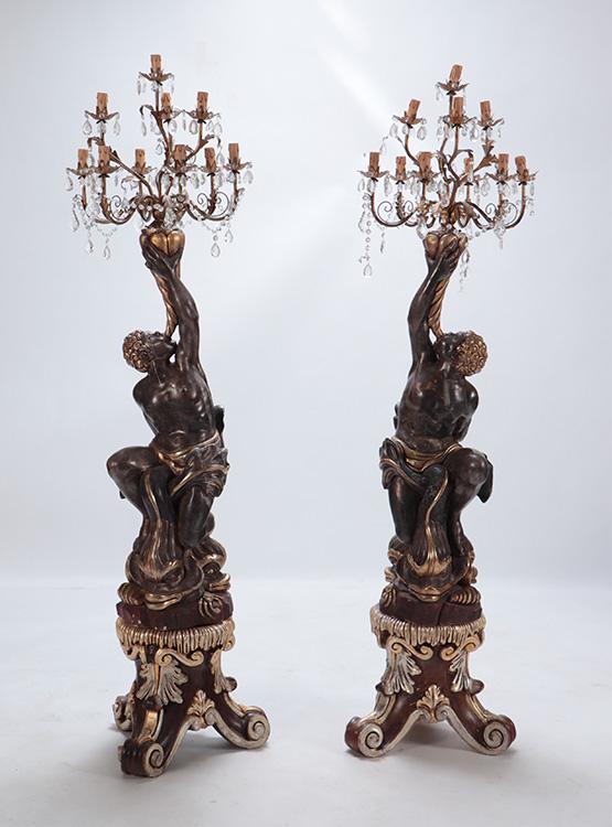 A LARGE PAIR OF GILT AND POLYCHROMED WOOD BLACKAMOOR TORCHIERES (1 of 13)