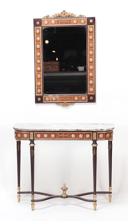 PORCELAIN AND BRONZE MOUNTED MARBLE TOP CONSOLE TABLE WITH MATCHING MIRROR. (1 of 10)