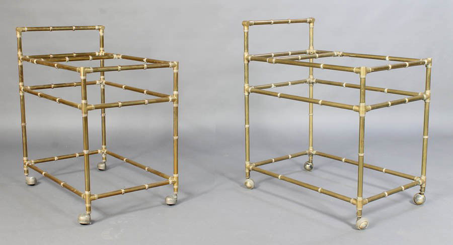 PR BRASS TEA CARTS FAUX BAMBOO C.1970: Pair of brass tea carts with "bamboo" details circa 1970. Ht: 30" Width: 17.5" Depth: 27"