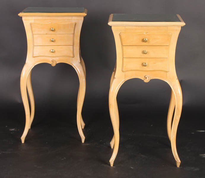 PAIR SYCAMORE FRENCH END TABLES INSET MIRROR TOP: A pair of stylish French sycamore end tables with inset mirrored top over three drawers supported on cabriole legs circa 1950. Ht: 28" Width: 13.5" Depth: 14"