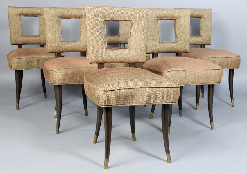 SET 6 JAMES MONT STYLE DINING CHAIRS C.1960: A set of six James Mont style dining chairs having geometric upholstered backs and seats and flared legs with brass caps circa 1960. New upholstery. Ht: 33" Width: 18" Depth: 15.5"
