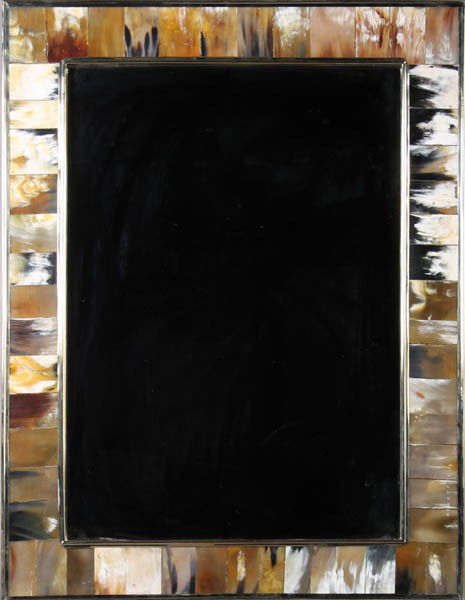 MODERN KARL SPRINGER STYLE MIRROR HORN FRAME: Modern Karl Springer style mirror having paneled horn frame with metal trim. Ht: 35.5" Width: 27.5"