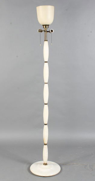 MID CENT MOD ITALIAN ALABASTER STANDING LAMP: Mid century modern Italian carved alabaster standing lamp having an elongated reeded and sectioned column on a round base. Circa 1950. Ht: 70" Dia: 14"