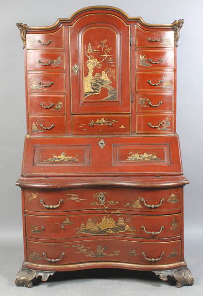 18TH CENTURY CONTINENTAL CHINOSERIE SECRETARY: Eighteenth century continental chinoserie decorated secretary. Having an arched top over central tombstone door flanked by ten collectors drawers over a slant front serpentine chest with fitted interi
