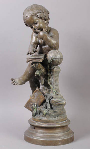 CHARMING PUTTO STATUE AFTER AUGUST MOREAU: Charming spelter putto figure learning his ABC's, after Auguste Moreau. Ht: 20.5"