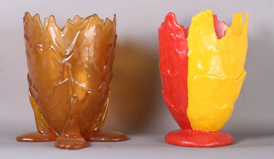 GAETANO PESCE ART 2 RESIN VASES SIGNED: Gaetano Pesce (Italian, b.1939) Two signed resin vases including "Twins C" and "Clear." Both works of art are part of the 2005 Fish Design series and are accompanied by supporting literature and origi