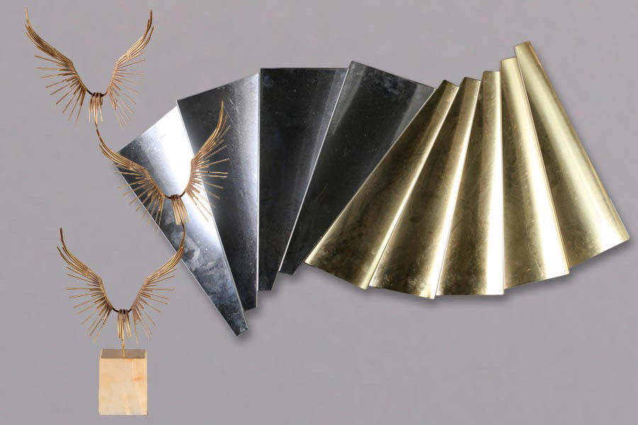 2 PC LOT: 2 CURTIS JERE METAL SCULPTURES: A lot of two Curtis Jere sculptures, one fan-form wall hung, the other a standing formation of four birds in flight on a stone base. Birds: signed and dated 1977. Fan-form: with original hang tag, sig