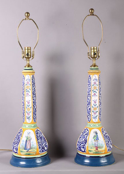 IMPRESSIVE PAIR SIGNED QUIMPER TABLE LAMPS: Impressive pair of signed Quimper table lamps circa 1940. Faience only: 17". Ht: 30.25" (Total)