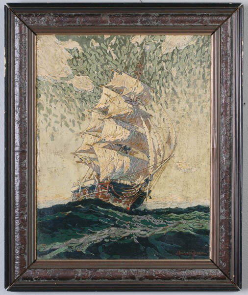 JOE DUNCAN GLEASON SIGNED AMERICAN SILKSCREEN: Joe Duncan Gleason (American, 1881-1959) Outward Bound, silkscreen on canvas, signed lower right 'J. Duncan Gleason.' Image: 14.5"H. x 11.5"W. Ht: 18.5" Width: 15.5"
