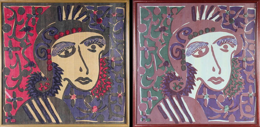 ROBERT KUSHNER PR SIGNED SILKSCREENS: Robert Kushner (American, b. 1949) Pair of matching silkscreens of a woman signed lower right Kushner. Ht: 34.5" Width: 34.5"