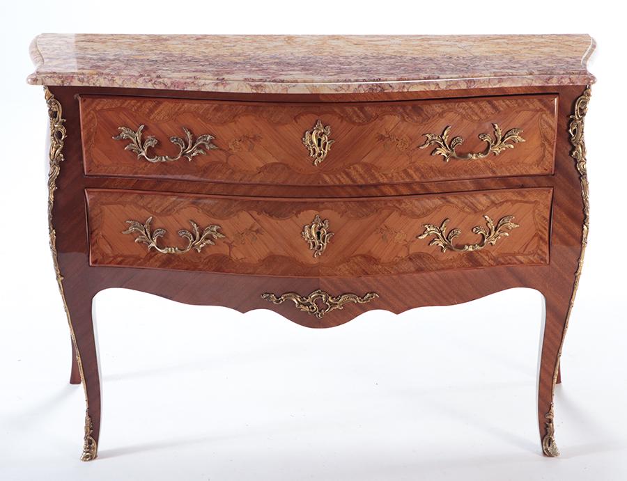 FRENCH LOUIS XV STYLE BOMBAY MARBLE TOP COMMODE WITH INLAY C 1940. (1 of 9)