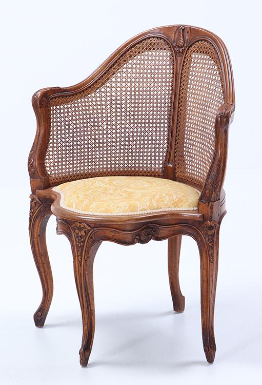 FRENCH CARVED AND CANE WALNUT CORNER CHAIR C 1900. (1 of 6)