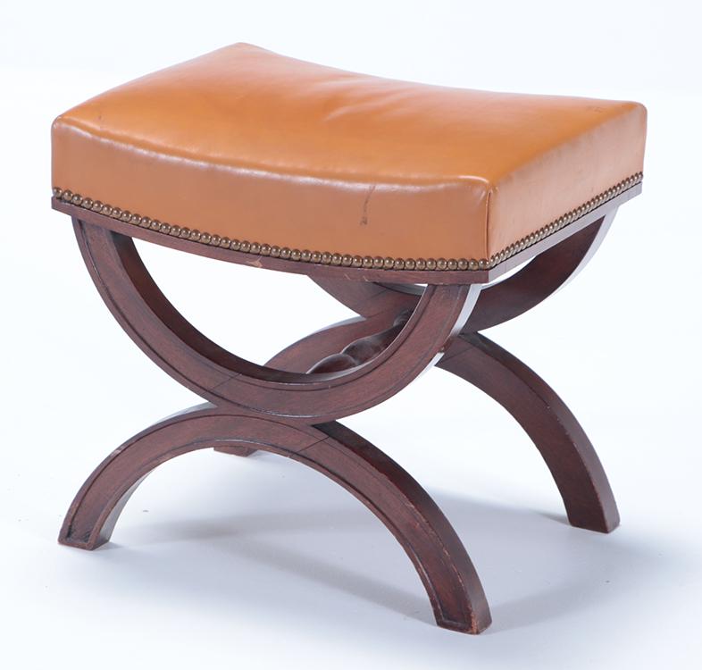 MAHOGANY CURULE FORM STOOL WITH LEATHER UPHOLSTERY C 1930. (1 of 4)