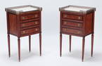 PAIR LOUIS XVI STYLE MARBLE TOP TABLES OR NIGHT STANDS WITH BRASS GALLERY C 1940.