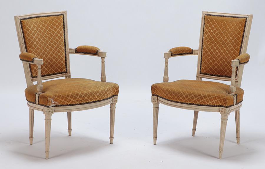 PAIR LOUIS XVI PAINTED FRENCH OPEN ARM CHAIRS C 1800. (1 of 10)