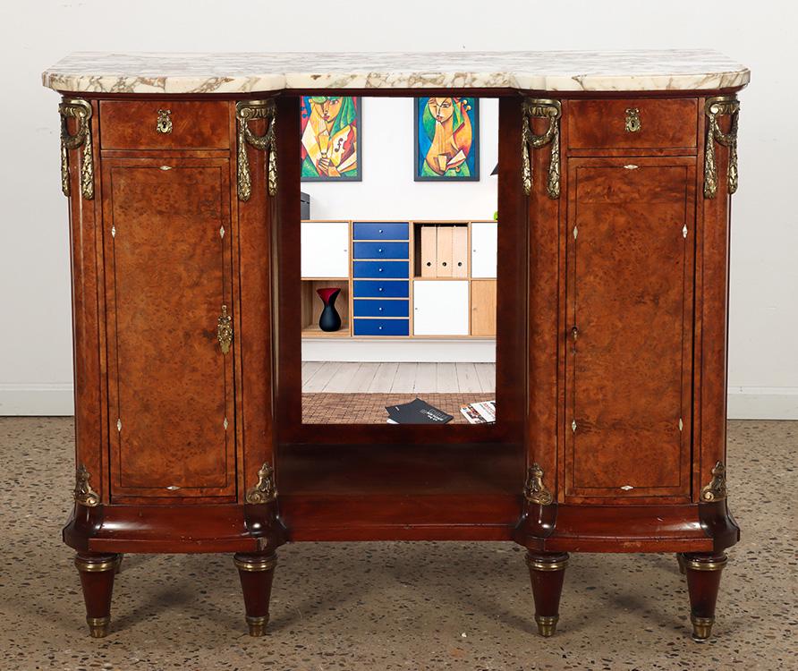 FRENCH BURL WOOD BRONZE MOUNTED MARBLE TOP SERVER WITH CENTRAL SCULPTURE STAND AND  INLAID MOTHER OF (1 of 14)