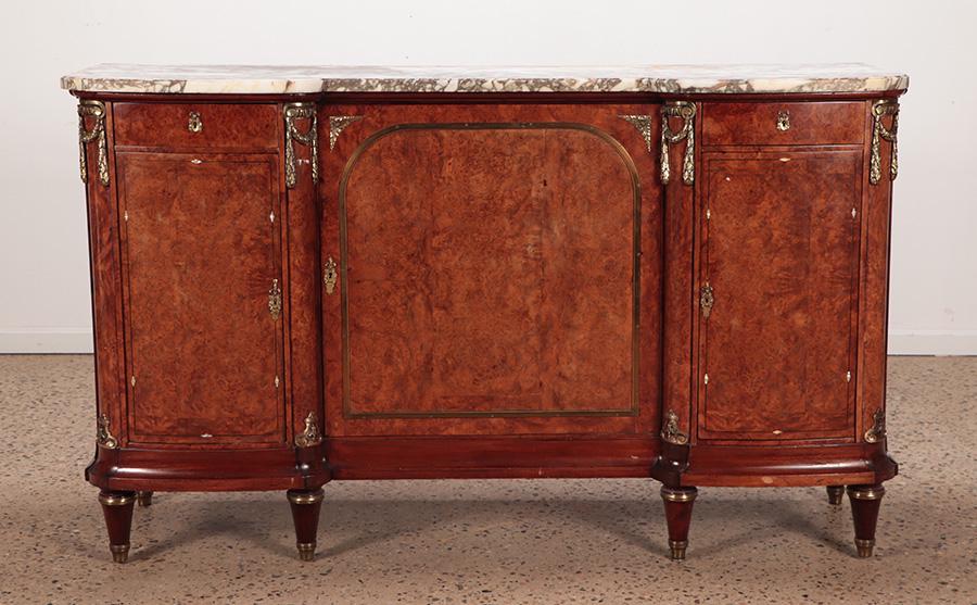 FRENCH BURL WOOD BRONZE MOUNTED MARBLE TOP SIDEBOARD WITH INLAID MOTHER OF PEARL ACCENTS C: French burl wood bronze mounted marble top sideboard with inlaid mother of pearl accents C 1930. Ht: 41.5" Wd: 70.25" Dpth: 22"