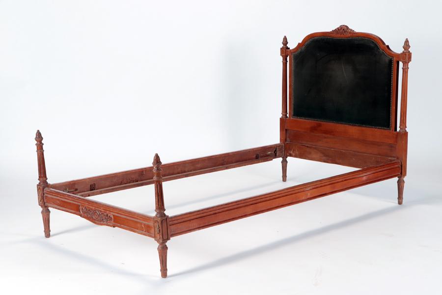 LOUIS XVI STYLE TWIN SIZED BED C.1950: A Louis XVI style carved and upholstered twin size bed circa 1950 Interior Dimensions: 36" x 74.5" Standard Twin Mattress: 38" X 75" Ht: 42.5" x L:78" x W:39"