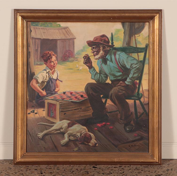 HENRY HINTERMEISTER (AMERICAN 1897-1970) "PLAYING CHECKERS" OIL ON CANVAS SIGNED, CIRCA 1940S (1 of 6)
