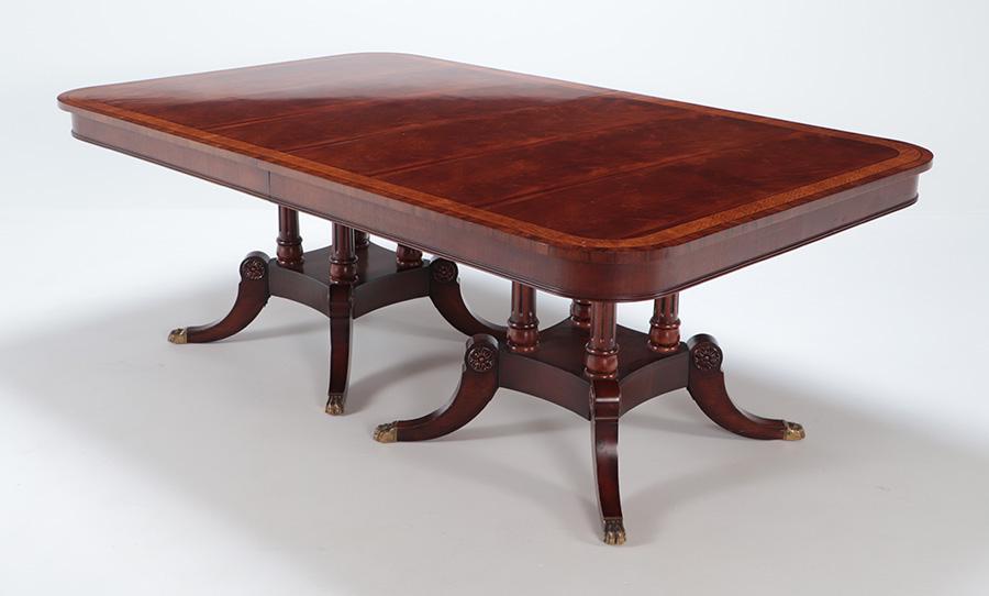BANDED AND FLAME MAHOGANY PEDESTAL DINING TABLE, LABELED HENREDON (1 of 7)