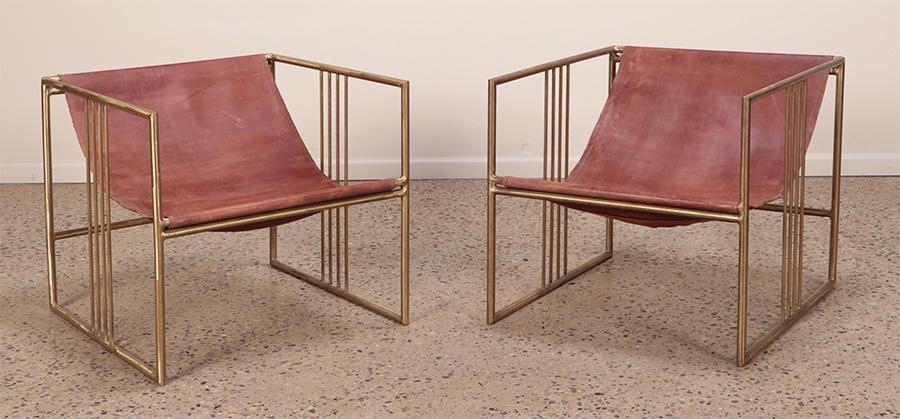 PAIR BRASS AND LEATHER CUBE CHAIRS. (1 of 9)
