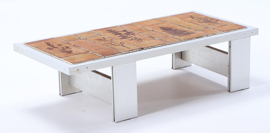 FRENCH ALUMINUM AND TILE TOP COFFEE TABLE SIGNED CAPRON. (1 of 5)