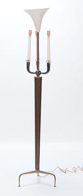 FRENCH TWO-TONE BRASS AND GLASS FLOOR LAMP IN THE: French two-tone brass and glass floor lamp in the manner of Andre Arbus C 1940. Ht: 70" Wd: 15"