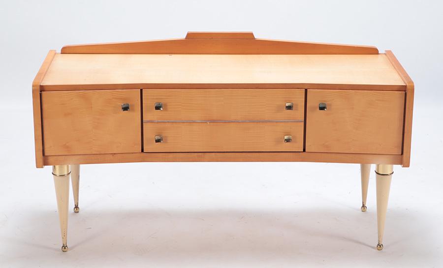 FRENCH SYCAMORE DRESSER WITH PAINTED LEGS AND: French sycamore dresser with painted legs and central fall front compartment in the manner of Andre Arbus C 1950. Ht: 26.5" Wd: 47.5" Dpth: 17.5"