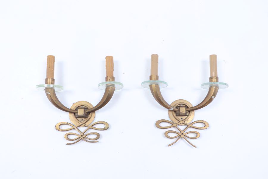 PAIR FRENCH TWO ARM BRASS AND GLASS WALL SCONCES ATTRIBUTED TO JULES LELEU C 1940. (1 of 7)