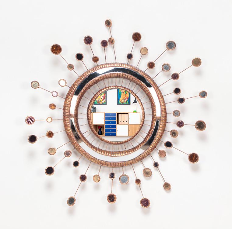 MULTI-COLOR GLASS AND RESIN ATOMIC LOLLIPOP MIRROR: Multi-color glass and resin atomic lollipop mirror in the manner of Line Vautrin. Ht: 22.5"