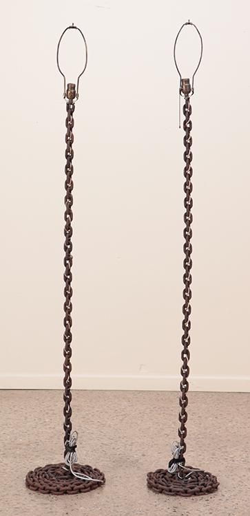 PAIR OF IRON CHAIN LINK FLOOR LAMPS. (1 of 7)