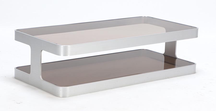 FRENCH BRUSHED ALUMINUM AND SMOKED GLASS TWO TIER COFFEE TABLE C 1970 (1 of 4)