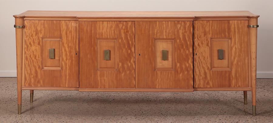 FRENCH FOR DOOR BIRCH SIDEBOARD IN THE MANNER OF ANDRE ARBUS WITH BRONZE MOUNTS C 1950. BRANDED: French for door birch sideboard in the manner of Andre Arbus with bronze mounts C 1950. Branded "Porley". Ht: 38.5" Wd: 93.25" Dpth: 22"
