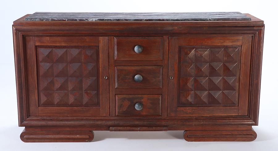 FRENCH OAK AND MARBLE SIDEBOARD ATTRIBUTED TO CHARLES DUDOUYT C 1945. (1 of 7)